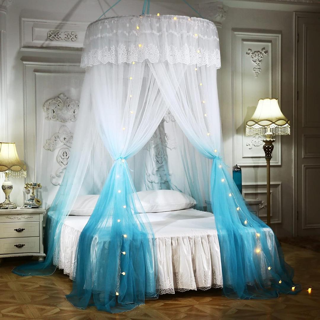 Mengersi Pirncess Bed Canopy for Girls & Adults with Lights,Round Dome Ombre Canopy Bed Curtains Mosquito Net Play Tent for Kids Teen Adult King Queen Full Double Bed (Round Canopy + Led Lights) (Blue and White)