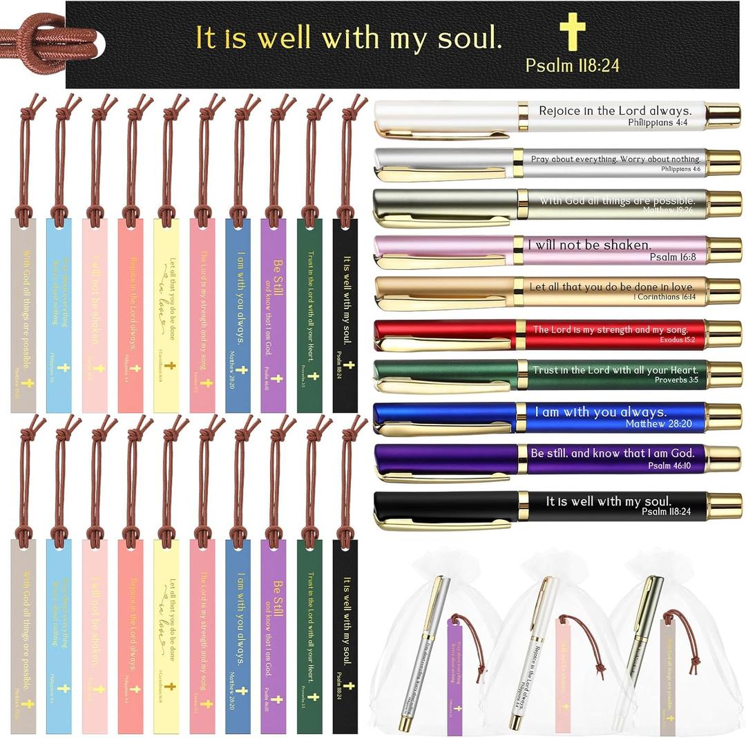 Spakon 30 Sets Christian Gifts for Women, Leather Christian Bookmarks Inspirational Religious Pens Motivational Scripture Bible Verse Bookmarks with Bag for Sunday School Church Teacher Employee Team