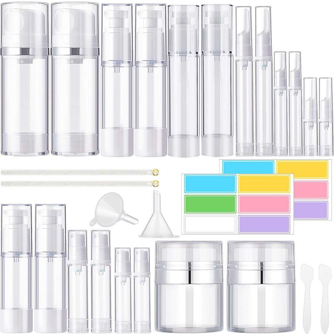 Meanplan 32 Pack Airless Pump Jars Set 3.4/1.7/1/0.34oz Refillable Travel Cosmetic Container Mini Leak Proof Atomizer Spray Bottle Skincare Dispenser for Toiletry, Cream Lotion, Foundation, Shampoo