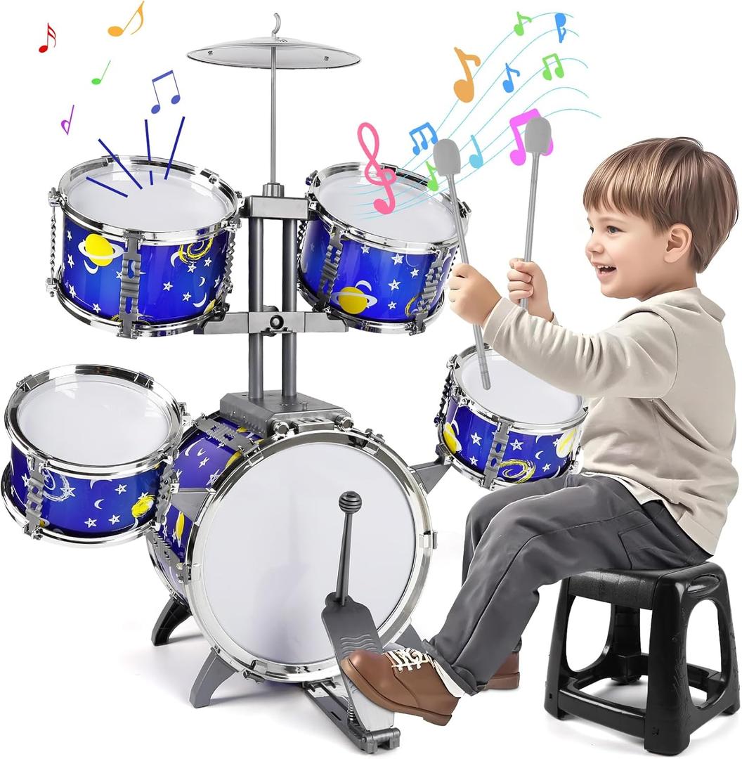 M SANMERSEN Upgraded Kids Jazz Drum Set Toddler Toy Drum Set with Stool, Plastic Rock Jazz Drum Kit Musical Toys Gift for Boys Girls 1-3 3-5 (Blue)