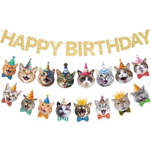 Cat Happy Birthday Banner - Cat Birthday Decorations Party Decor Supplies for Kids, Boys, Girls (Golden Cat 1)