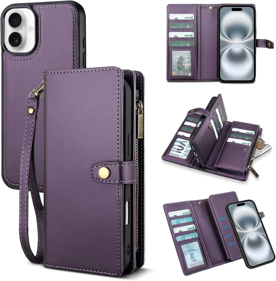 TwoHead Wallet Case Compatible with iPhone 16,Detachable Magnetic Phone Case,PU Leather All-Round Protective Cover Wallet with Card Holder/Change Pocket,6.1 in,Deep Purple