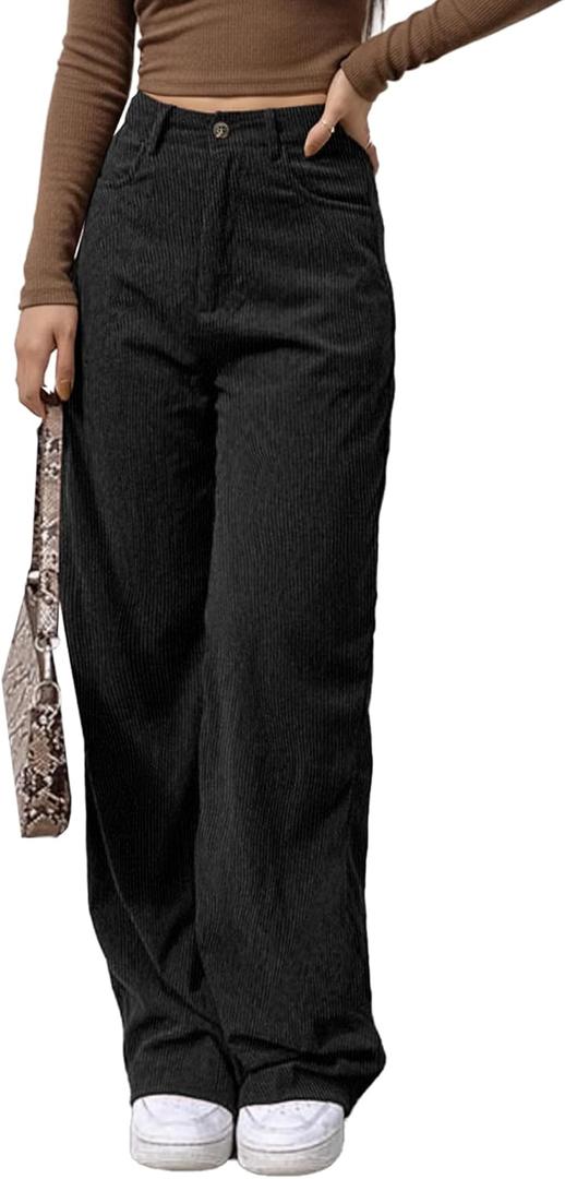 EMMIOL Corduroy Wide Leg Pants Women Casual Winter 2025 Elastic Waist Vintage Loose Trousers with Pockets (X-Small, Black)