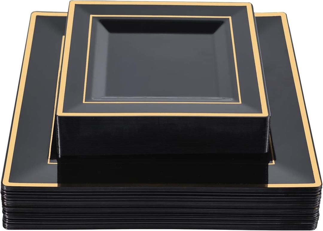 N9R 60 Pack Black Square Plastic Plates with Gold Rim Include 30 Disposable Dinner Plates 9.5 Inch and 30 Dessert Plate 6.5 Inch, Fancy Plate for Wedding, 50th Birthday and Graduation Parties