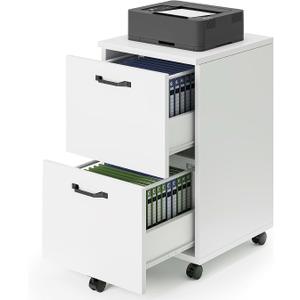 DUMOS 2 Drawer Rolling File Cabinet, Small Wood Filing Cabinet, White, 15.7"D x 16.5"W x 27.6"H