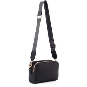 EVVE Crossbody Bags for Women Trendy Triple Zip Small Crossbody Camera Bag Purse with Wide Guitar Strap (Black)