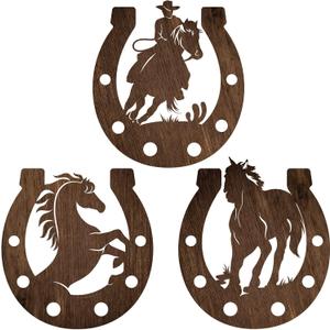 Junkin 3 Pcs Western Wall Decor Horseshoe Wood Wall Art Decor Cowboy Party Decorations Rustic Horse Shoes Decoration Hanging Western Country Cowboy Decorations for Home Bedroom Bathroom