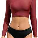 Cromi Women Two Piece Long Sleeve Swimsuits Rash Guard Bathing Suit Sun Protection Crop Top with Swim Bottom (Medium, Burgundy/Black)