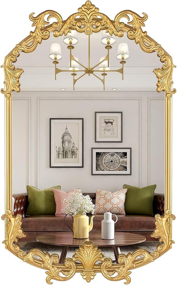 Varsoul Gold Antique Mirror 19x 32, Vintage Mirror for Wall, Metal Framed Baroque Decorative Perfect for Bedroom, Living Room, Bathroom, Hallway