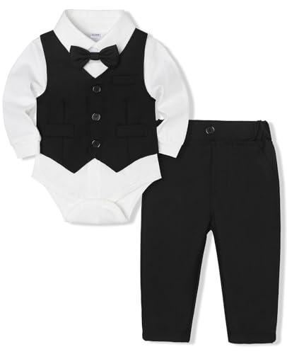 Juivesia Baby Boy Clothes Suits Infant Gentleman Wedding Outfit Formal Dress Shirt Vest Bowtie Pants 4Pcs Baby Suit Sets (Black, 12-18 Months)