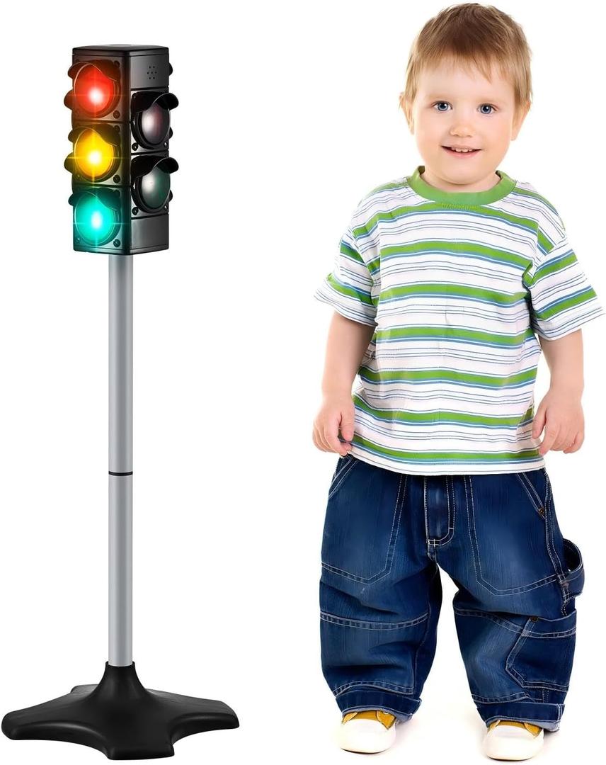 Hiboom 1 Piece 28.3 Inch Traffic Light Toy 2 in 1 Simulation Safety Traffic Indicator Crosswalk Signal with Lights and Sounds for Birthday Educational Toy Gift 4 Sides, Large