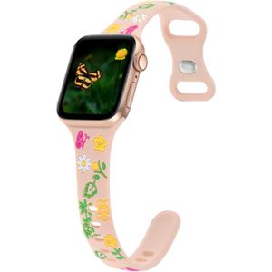 Slim Floral Engraved Band Compatible with Apple Watch Bands 41mm 40mm 38mm 42mm 44mm 45mm 46mm 49mm Women, Thin Wristband Flower Soft Silicone Sport Strap for iWatch Series 10 9 8 7 6 5 4 3 2 SE Ultra (Light pink)