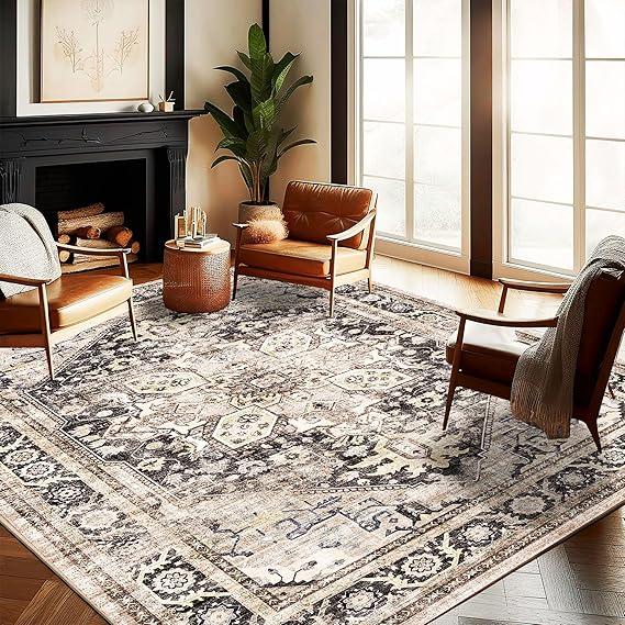 9x12 Washable Area Rug Boho Chic Medallion Distressed Design Non-Shedding Easy Care Ideal for High Traffic Areas in Rugs for Living Room Bedroom Office Coffee Table Large Carpet