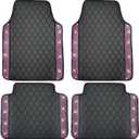 Universal Car Floor Mats,Faux Black Leather with Pink Diamond Carpet Glitter Crystal Rhinestones All Weather Waterproof Auto Liners Foot Pads Set