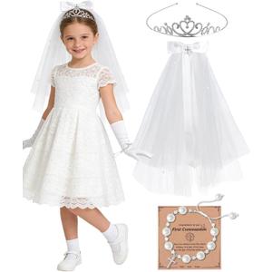 First Communion Accessories Set - White Veil Costume Kit for First Communion Dress Up Wedding Bridal Shower