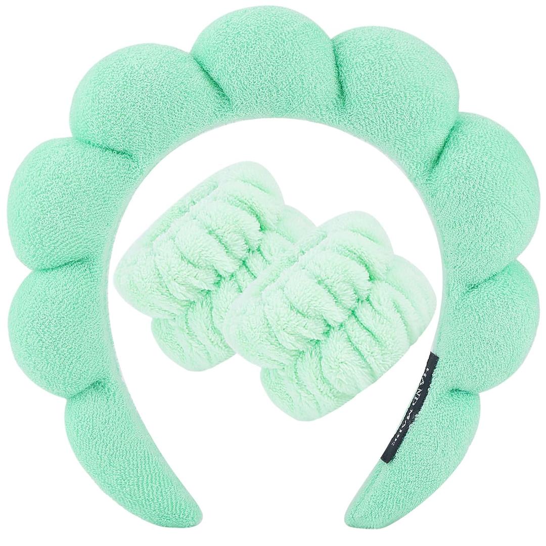 2 x Zkptops Spa Headband for Washing Face Wristband Set Sponge Makeup Skincare Headband Wrist Towels Bubble Soft Hairband for Women Puffy Headwear Winter Non Slip Thick Thin Hair Accessory(Light Green-3)