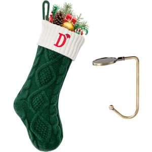 Christmas Stockings with Initials, Letter D Embroidered Xmas Stocking, 18" Large Monogram Knitted Xmas Stocking, Christmas Party Fireplace Family Hanging Stocking Decoration 1Pcs Green-White