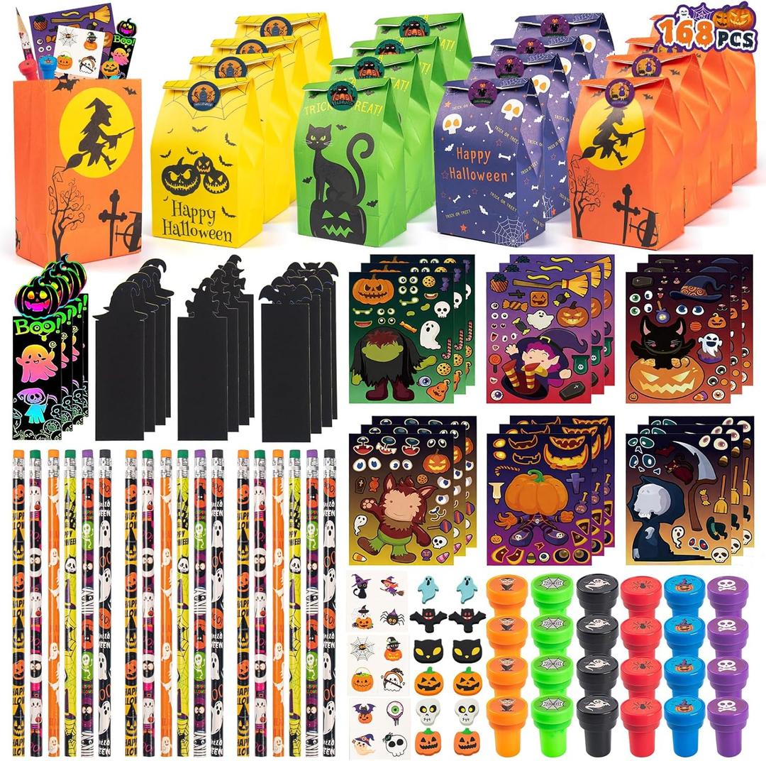 168PCS Halloween Party Favors for Kids, 24 Pack Halloween Stationery Gift Set, Halloween Goodie Bags Fillers Goodie Bag Stuffers for Kids, Trick or Treat, Classroom Prizes Reward