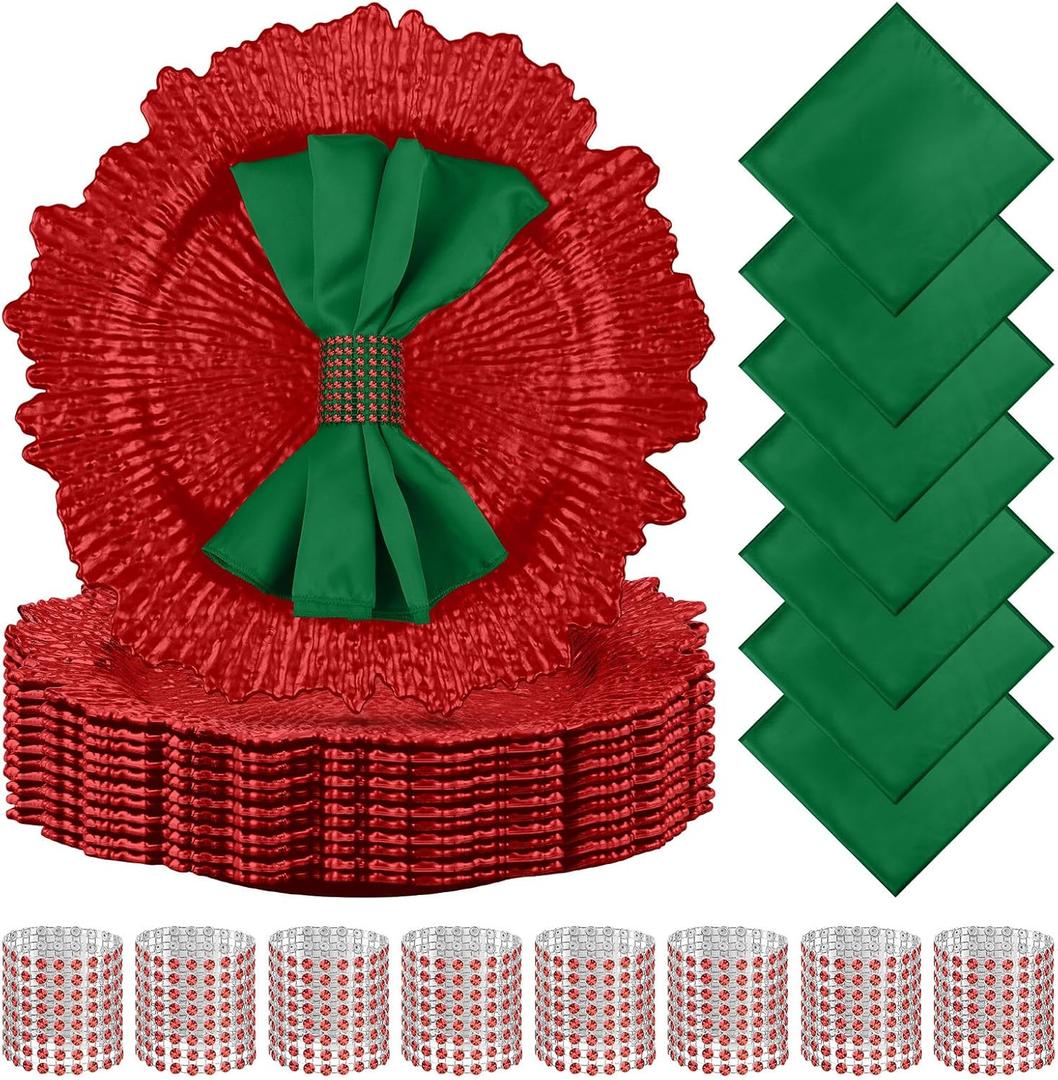 Tanlade 72 Pcs Christmas Charger Plates Set Bulk 24 Pcs 13'' Floral Reef Plates, Napkin Rings and Cloth Napkins Plastic Dinner Chargers Set for Table Setting Wedding Party(Red, Green)