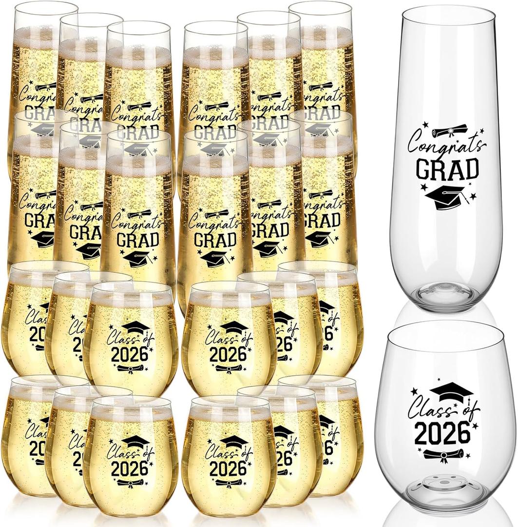 Remerry 36 Pack Graduation Stemless Plastic Champagne Flutes Cups Congrats Grad Class of 2026 Disposable Wine Glasses Heavy Duty Shatterproof Toasting Glasses for Party(Graduation,9 oz & 12 oz)