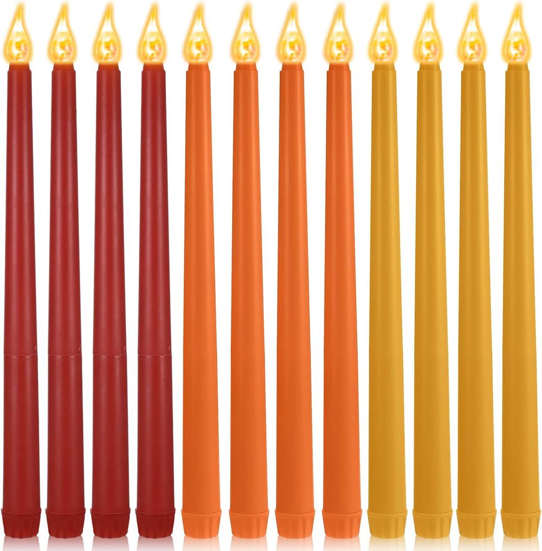 CHENGU 12 Pcs LED Taper Candles Flameless Battery Dripless Dinner Candles for Thanksgiving Day, Weddings, Church, Hanukkah, Christmas, Autumn, New Year Celebration(Red, Orange, Yellow,Taper)