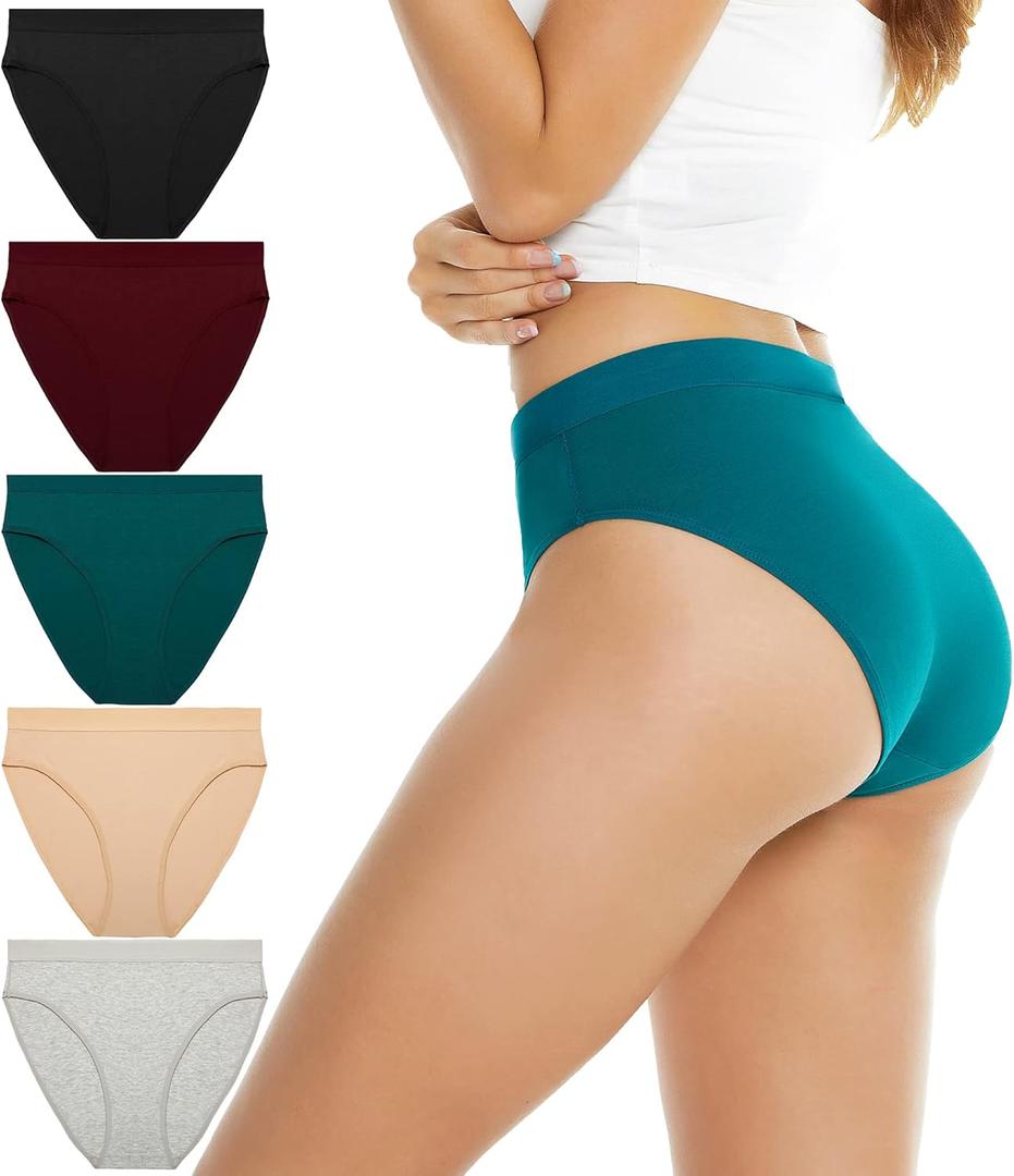 Women's Cotton Underwear Hi Cut Panties for Women Solid Briefs Soft Stretchy Ladies Underpants (5-pack) (X-Large, High Leg Cut-apricot, Gray, Red, Green, Black)
