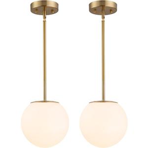 Modern Globe Pendant Light Mid Century Opal Glass Hanging Light Fixture Gold Finish, 2-Light Glass Pendant Lighting for Kitchen Island Dining Room Bedroom Hallway and Bathroom, Glass - 2-Pack
