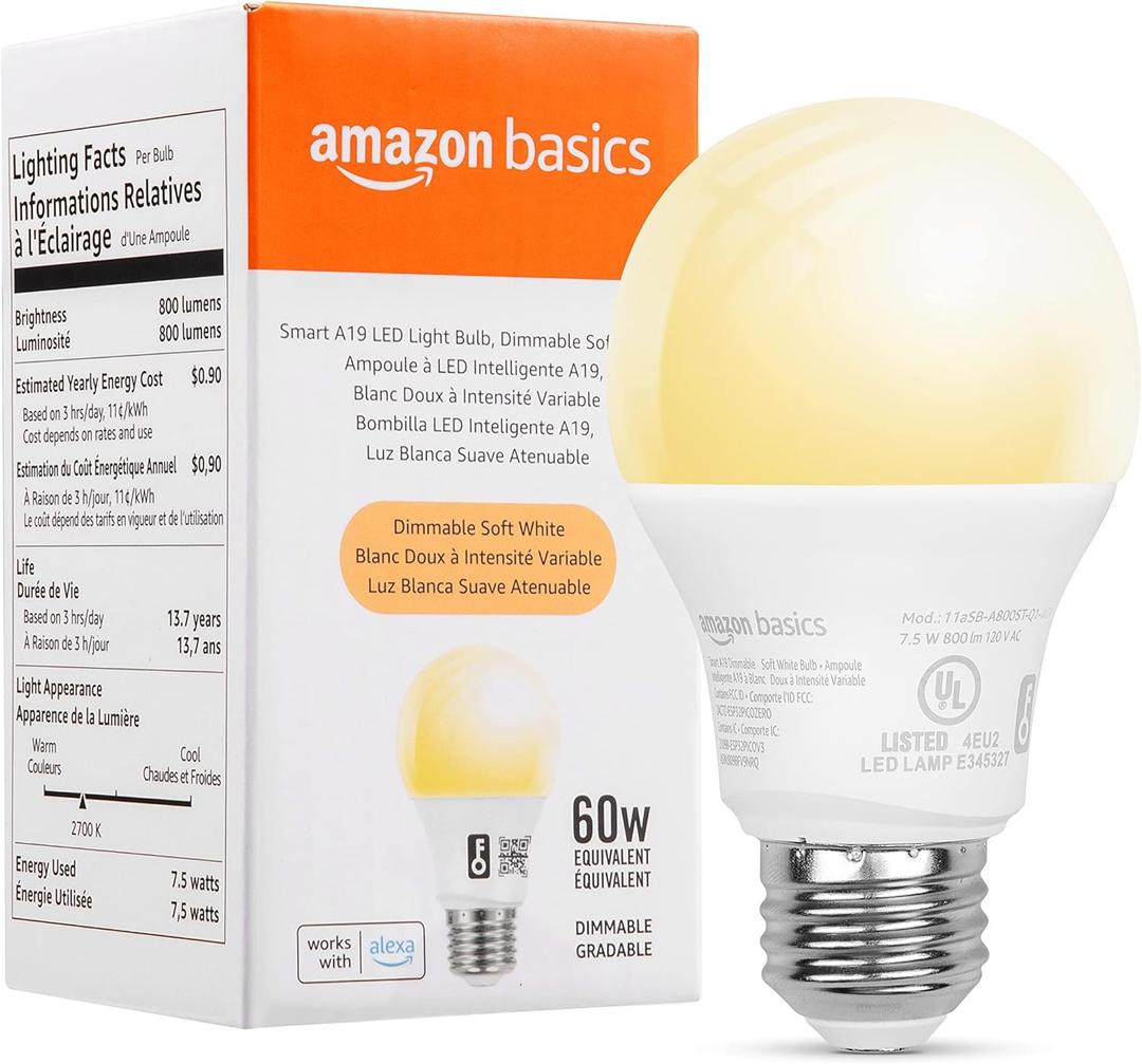 Amazon Basics Smart A19 LED Light Bulb, Dimmable Soft White (2700K), 7.5W (60W Equivalent), 800LM, Works with Alexa Only, 2.4 GHz Wi-Fi, No Hub Required, 1 Pack