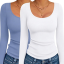 Ekouaer 2 Pack Long Sleeve Shirts for Women Scoop Neck Ribbed Thermal Tops Slim Fit Basic Undershirts L, Blue Gray/ White