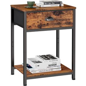 Furologee End Table with Storage Shelf and Fabric Drawer, 2 Tiers Industrial Nightstand, Bedside Table Organizer for Living Room Bedroom, Rustic Brown, Easy Assembly (1)