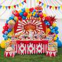 Circus Theme birthday party decorations & include red blue yellow balloon garland & foil hot air popcorn balloons & banner carnival road sign paper card background decor