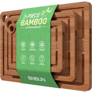 Bamboo Wood Cutting Board for Kitchen Bread Boards 3-Piece Wooden Boards with Juice Grooves, Side Handles