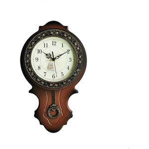 XICHEN Retro European Style Simulated Wood Pendulum Wall Clock,Quartz Motion Design, Plastic Main Structure, Brushed Metallic Gold Paint Surface Texture on The Perimeter