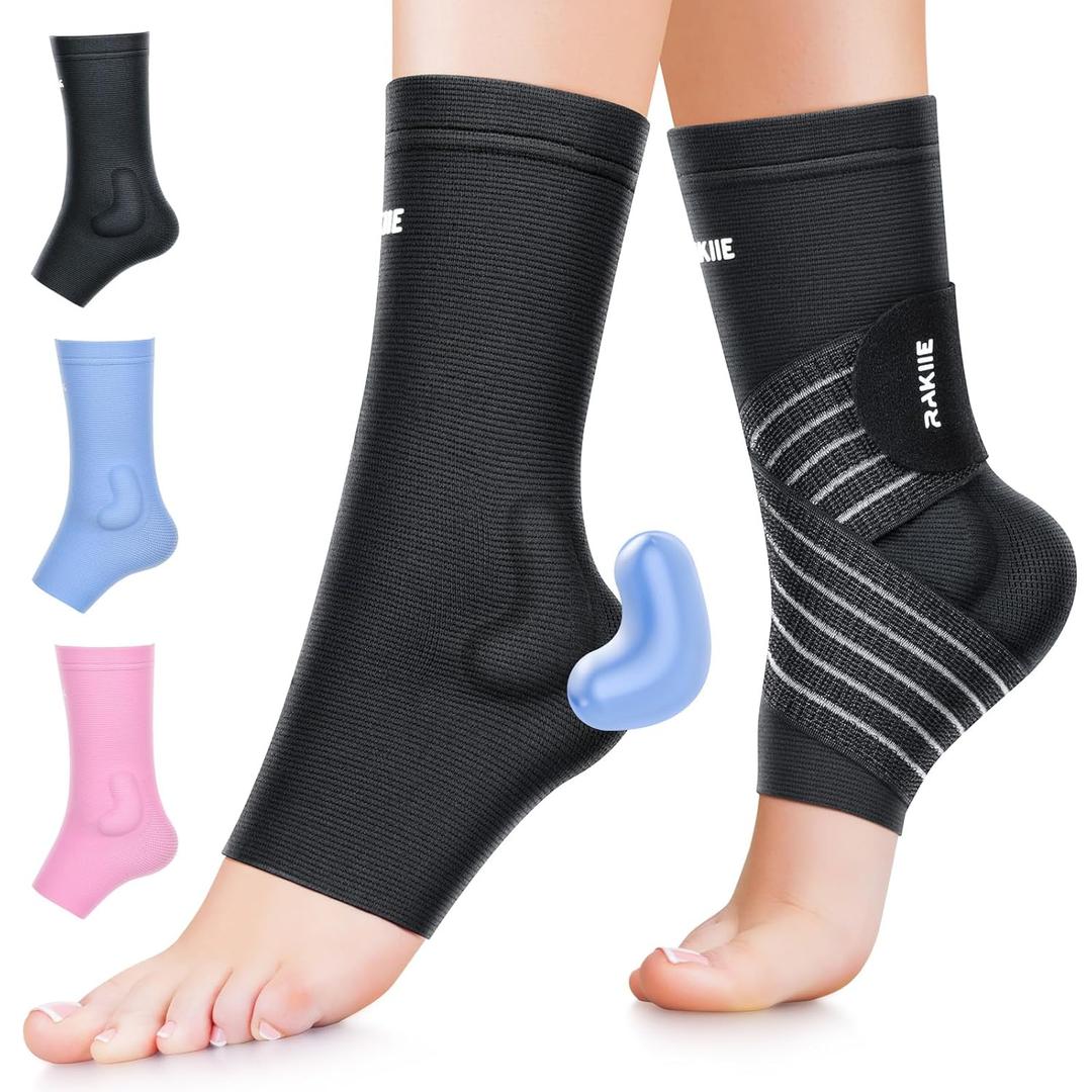 Ankle Brace with Silicone Pad, Ankle Brace (1 Pair) for Women and Men with Adjustable Strap, Compression Support Sleeve Relief for Sprained Ankle, Plantar Fasciitis, Heel Spurs, Black M