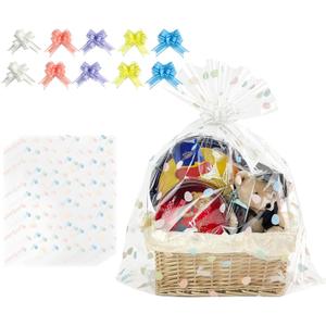 EKAPACKAGING 10Pcs 24x30 Inches Large Easter Basket Bags with Pull Bows, Easter Bunny & Egg Pattern Cellophane Wrap for Gift Baskets, Jumbo Easter Gift Bags for Toys