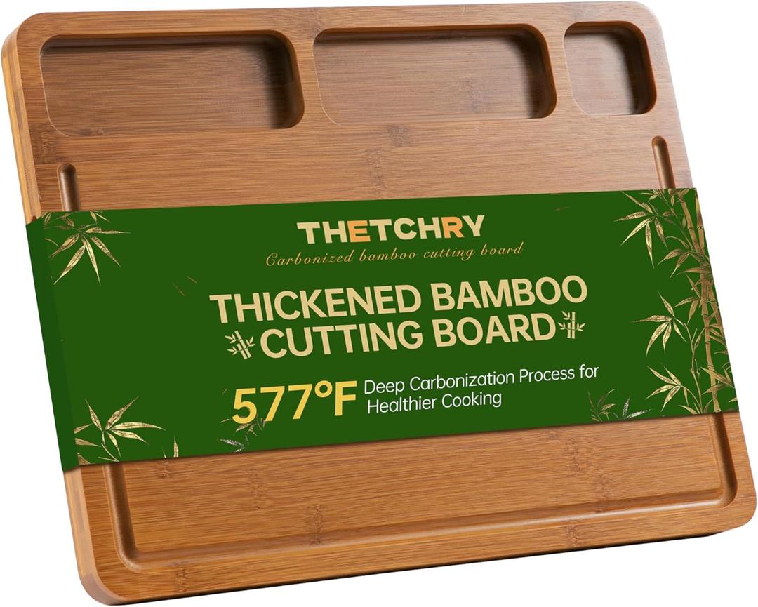 Cutting Board for Kitchen,Thickened Bamboo Cutting Board with Juice Groove, Large Butcher Block with Handle,Wooden Charcuterie Chopping Board for Prep & Serving Tray, 16.93" x 12.99" x0.98"