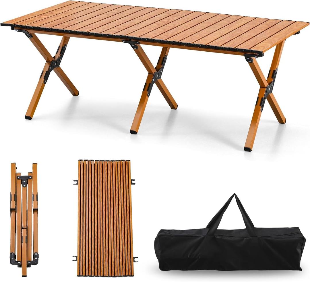 4Ft Aluminum Folding Camping Table, Portable Picnic Table, Outdoor Lightweight Collapsible Camp Table, Roll-up Camping Table for Beach,Party, Patio, BBQ, Travel, Backyard (Wood Upgraded Version), 47.2" x 23.6" x 17.7"
