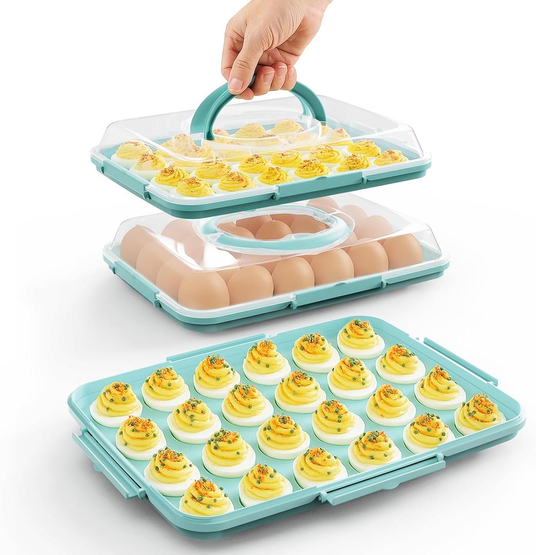 Deviled Egg Containers with Lid - Reusable Platter 2 Pack 48 Count Storage Tray with Handle for Potlucks, Tea Parties, Party, Thanksgiving, Picnics, Refrigerator, Christmas, Easter, Brunches (Blue)