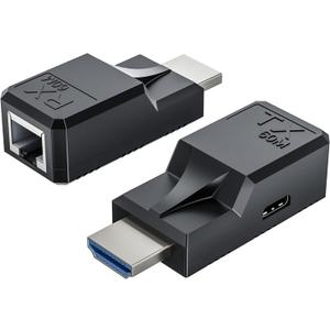 196FT HDMI Extender Over Single Ethernet Cat5e/6 Cable, Support Audio Video UHD 1080P@60Hz, HDMI Male to Male RJ45 Network LAN Extender 60M Converter Repeater, for HDTV, PC, PS3/4, Projector, Monitor