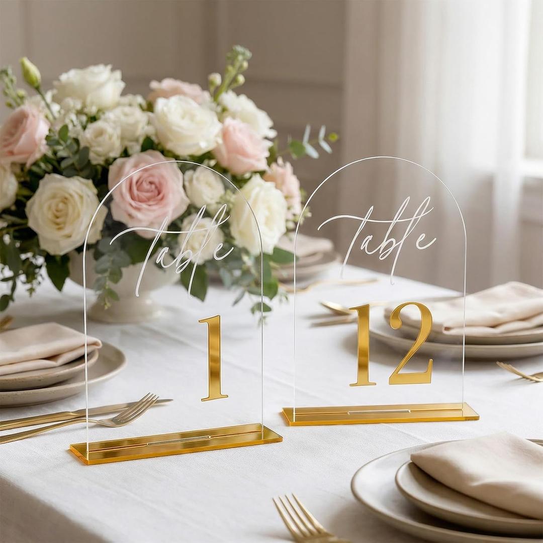 Arch Wedding Table Numbers 1-12 with Stands, 5.5" X 7.2" Gold Table Numbers Elegant Clear Acrylic Tables Number with Golden Text for Wedding Reception, Anniversary, Banquet, and Event Decor
