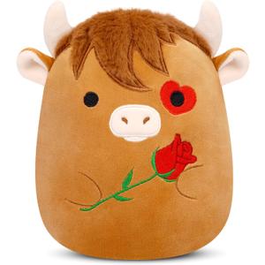 Highland Cow Plush,Valentines Day Heart Stuffed Animals Cow Plush with Embroidered Rose,Valentine Day Party Favors,Valentines Gifts for Him Her Girls Boys (Brown)