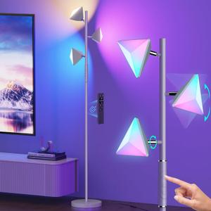 RGBCW Floor Lamp, 36W Color Changing LED Tree Floor Lamp, Stepless Dimmable Tall Standing Lamp with Remote & Touch Control, 2700K-6500K Modern Floor Lamps for Living Room, Bedroom, Gaming Room -Silver