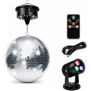 16" Disco Ball with Motor and Light 6-12RPM Rotator and RGB Spotlight for Party DJ Bands Dance Club Bar Wedding Event Studio Holiday Decor