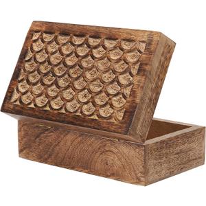 Carved Scallop Mango Wood Box with Lid - Medium Burnt Medium Wood Boxs - Handmade Decorative Boxs with Lid for Use As Memory Boxs, Keepsake Box, Photo Storage Box, and more - 7.5” x 4.5” x 3”