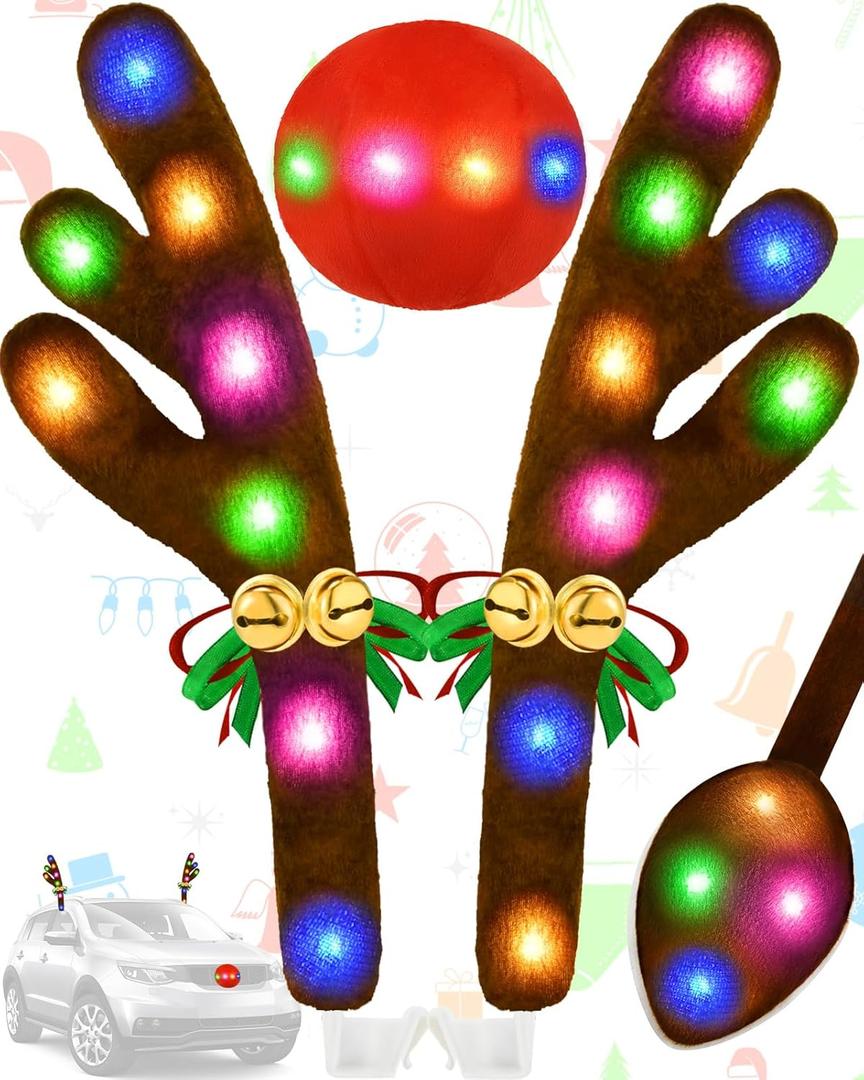 Christmas Reindeer Antlers Car Decoration Kit, IP44 Waterproof LED Lights Nose Vehicle with Jingle Bells Rudolph, Auto Holiday Accessories for SUV Van Truck Decor Multicolor
