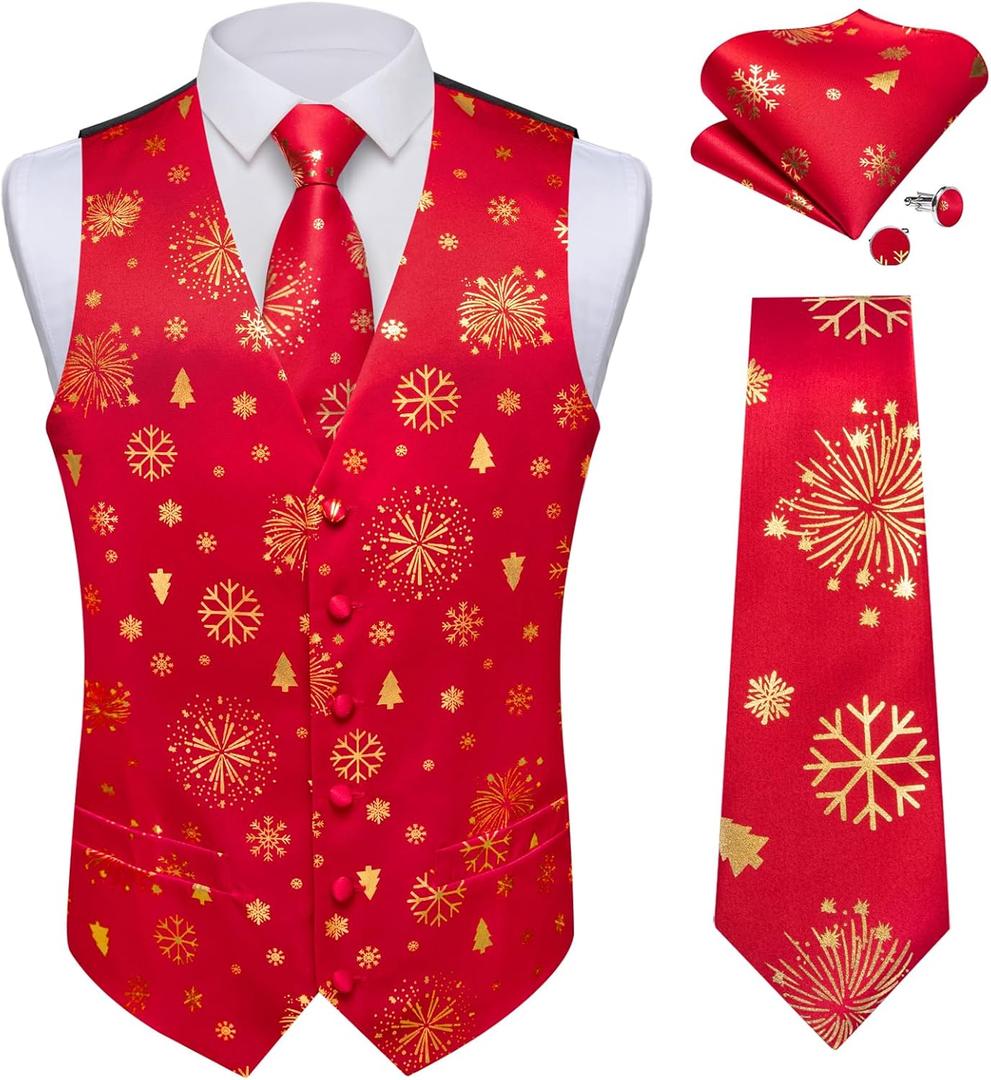 DiBanGu Mens Christmas Suit Vest and Tie Set for Men Waistcoats and Necktie Pocket Square Set for Prom Party S-3XL (Red Gold)