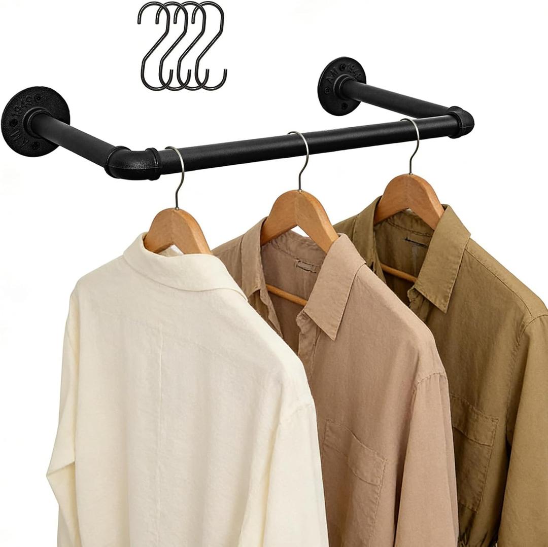 Aduanbang Industrial Wall Mounted Pipe Clothing Rack, 21.6 Inch Heavy Duty Black Iron Garment Bar, Detachable Hanging Rod for Closet Storage (1)