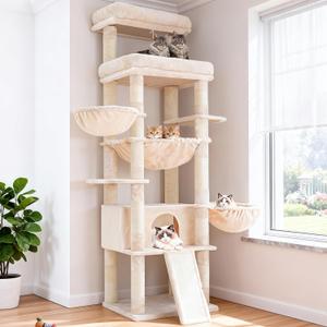Hey-brother Cat Tree Tower, Scratching Posts with Extra Large Platform and Basket, Specious Condo, 2 Cozy Hammocks, Scratch Board for Indoor Adult Cats, Maine Coon 71.7 inches, Beige MPJ080M
