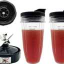 Blender 24 oz Cups with Lids & 6 Fins Female Blade Replacement Parts for Ninja, Extractor Blade for Nutri Ninja Auto iQ BL480D 30 DOB, BL450 69, BL456 70, BL480 70, BL455 30 DOB, BL482 30 DOB