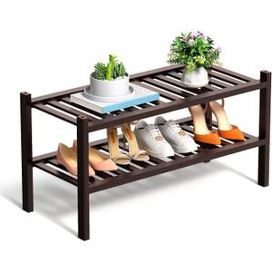 RONGJlA 2 Tier Bamboo Shoe Rack for Closet Free Standing Wood Shoe Shelf Storage Organizer for Entryway Small Space Stackable, Natura Brown
